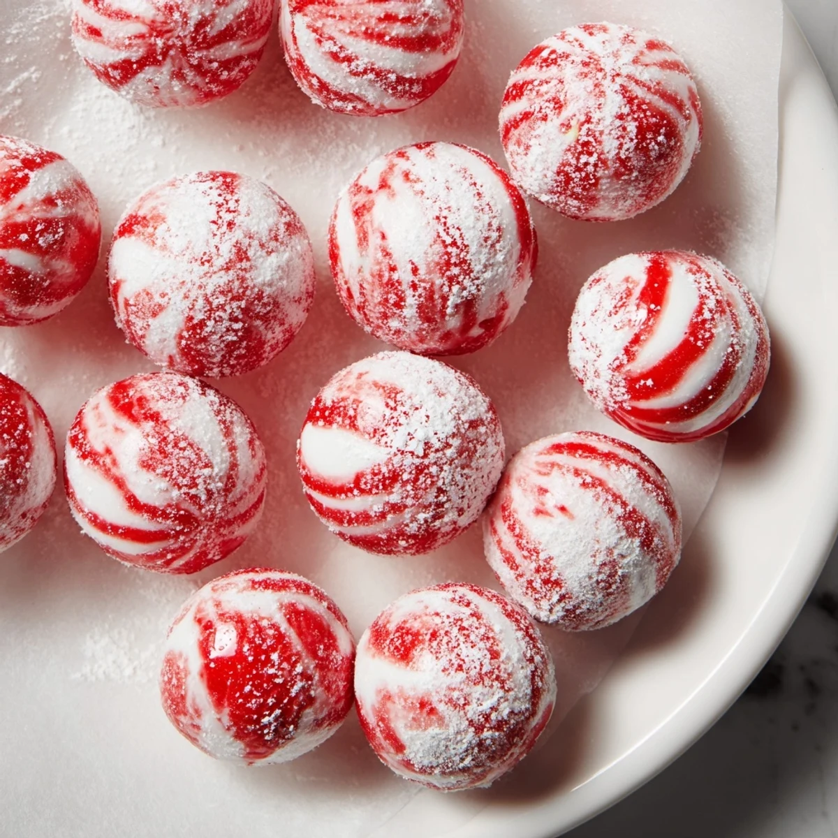 Clusters of vibrant red Drop Peppermint candies sit ready to be enjoyed, a sweet treat.