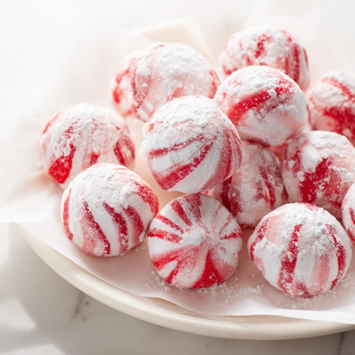 A close-up of cooling Drop Peppermint drops highlights their hard crack texture, ready to package.