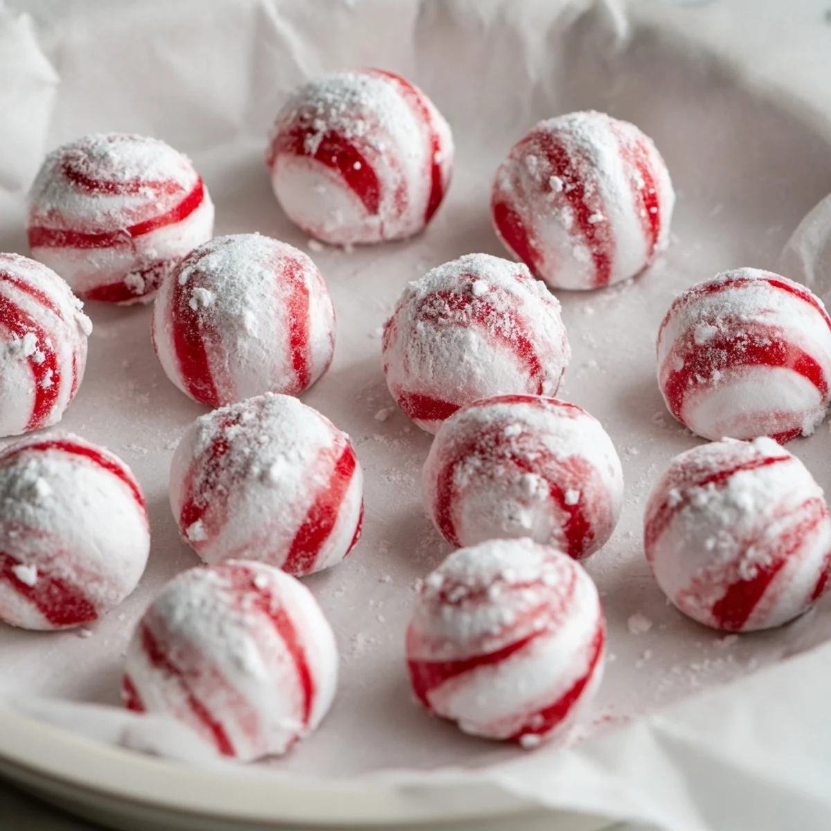 Freshly made Drop Peppermint candies, glistening with powdered sugar, look perfectly sweet and tempting.