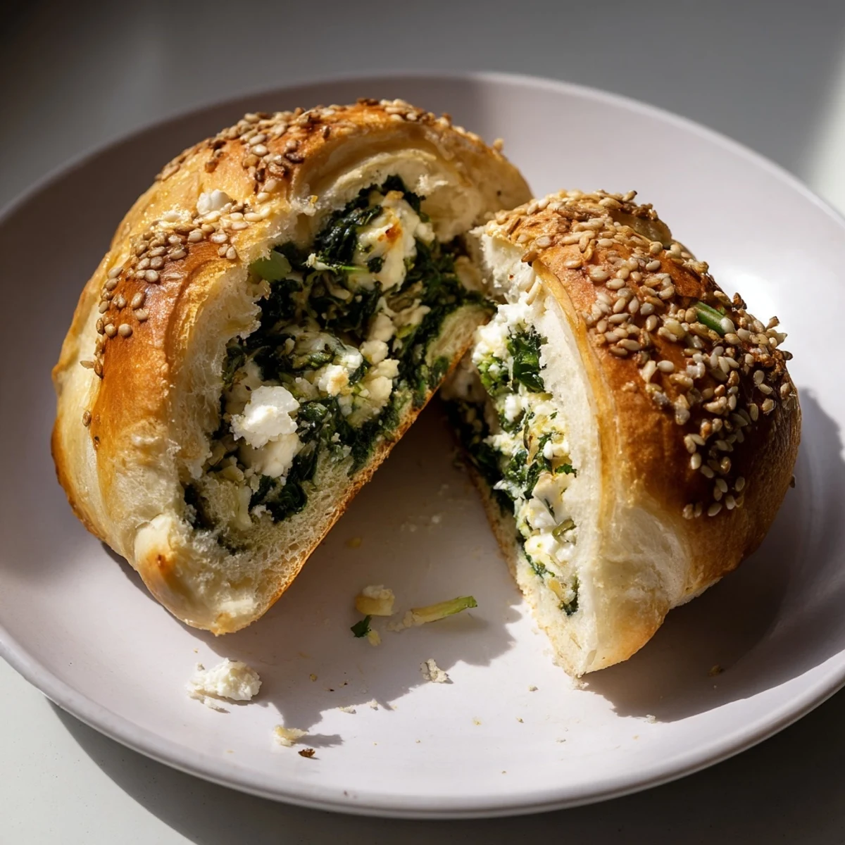 Close-up of baked savory rolls, each filled with cheesy spinach and topped with sesame seeds.