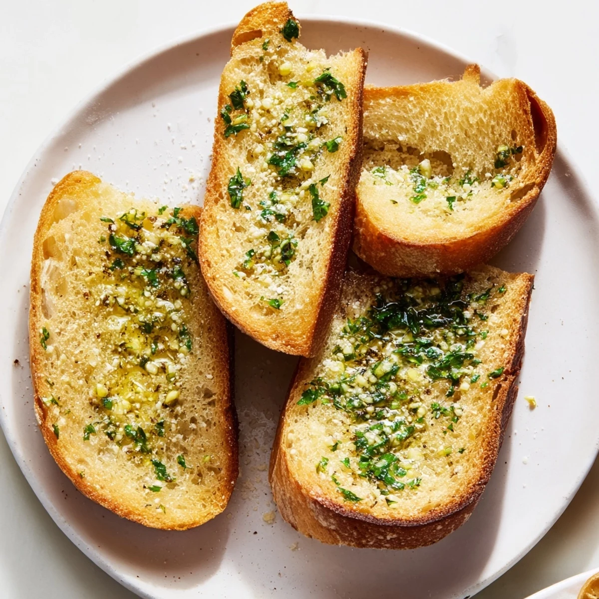 Close-up photo of baked garlic toast, with a sprinkle of parsley, inviting you to take a bite.