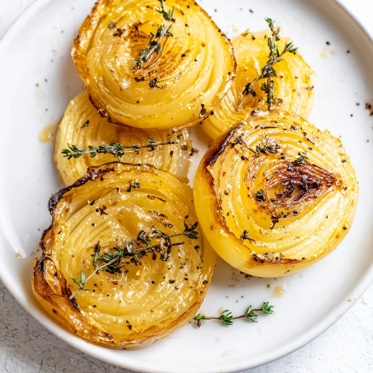 Golden-brown onion roasted, glistening with herbs—a flavorful side dish, perfectly caramelized.