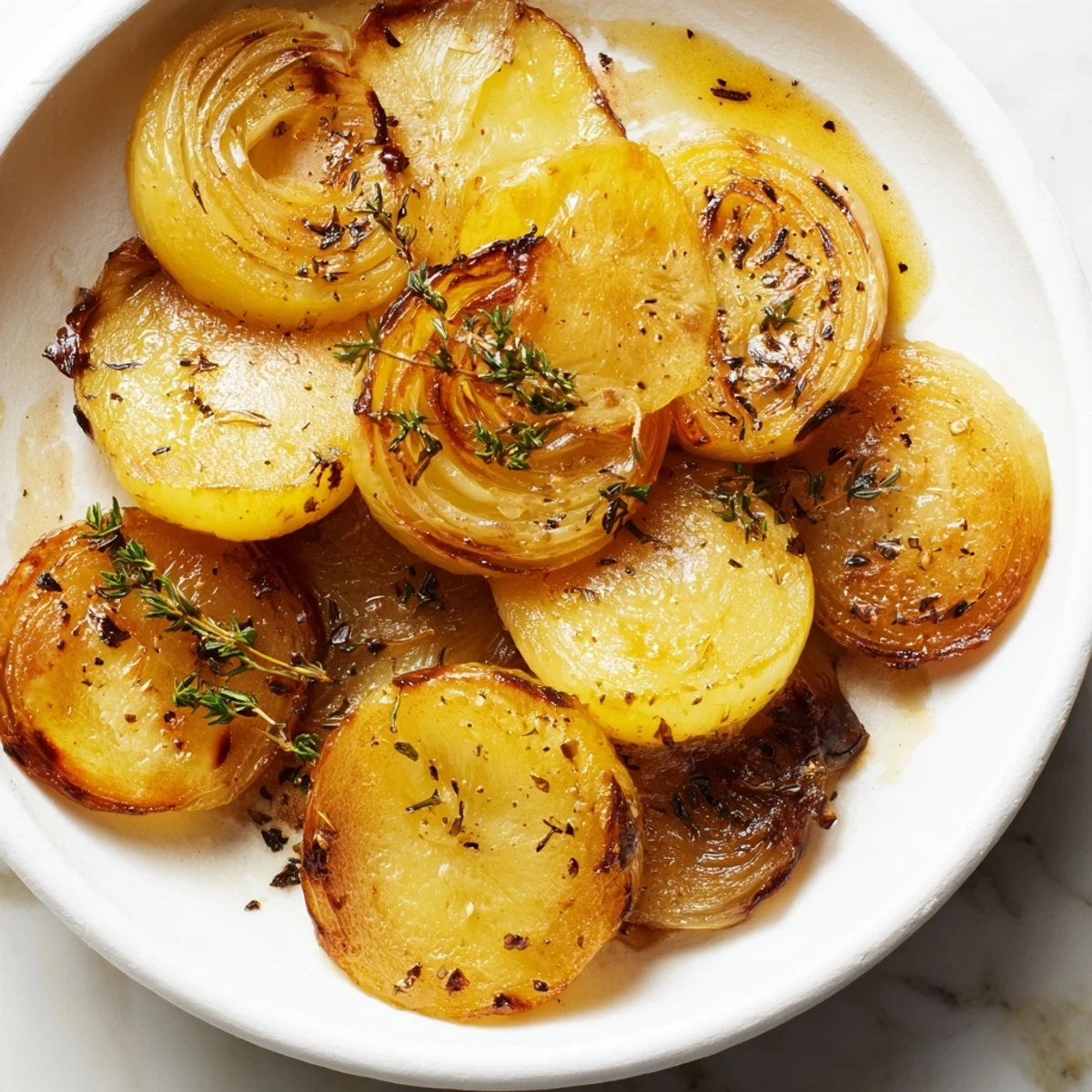 Close-up of bubbling onion roasted, showing deep colors and edges crisped to perfection as a side.