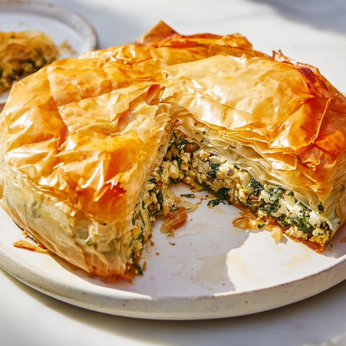Golden, flaky Savory Spinach and Feta Filo Pie, baked to a delicious crisp with a savory filling.