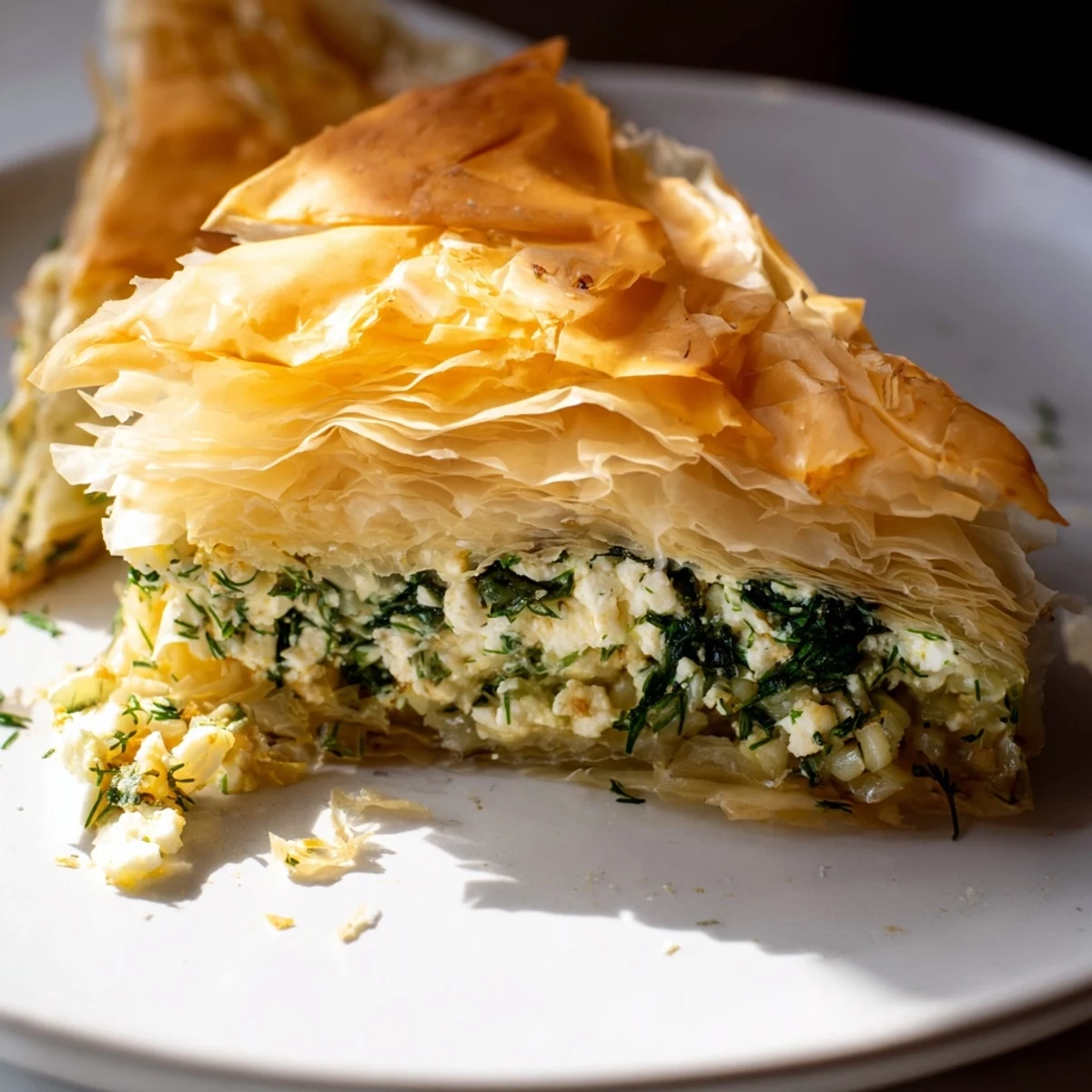 A close-up of a perfectly baked Savory Spinach and Feta Filo Pie, showing layers of golden filo.