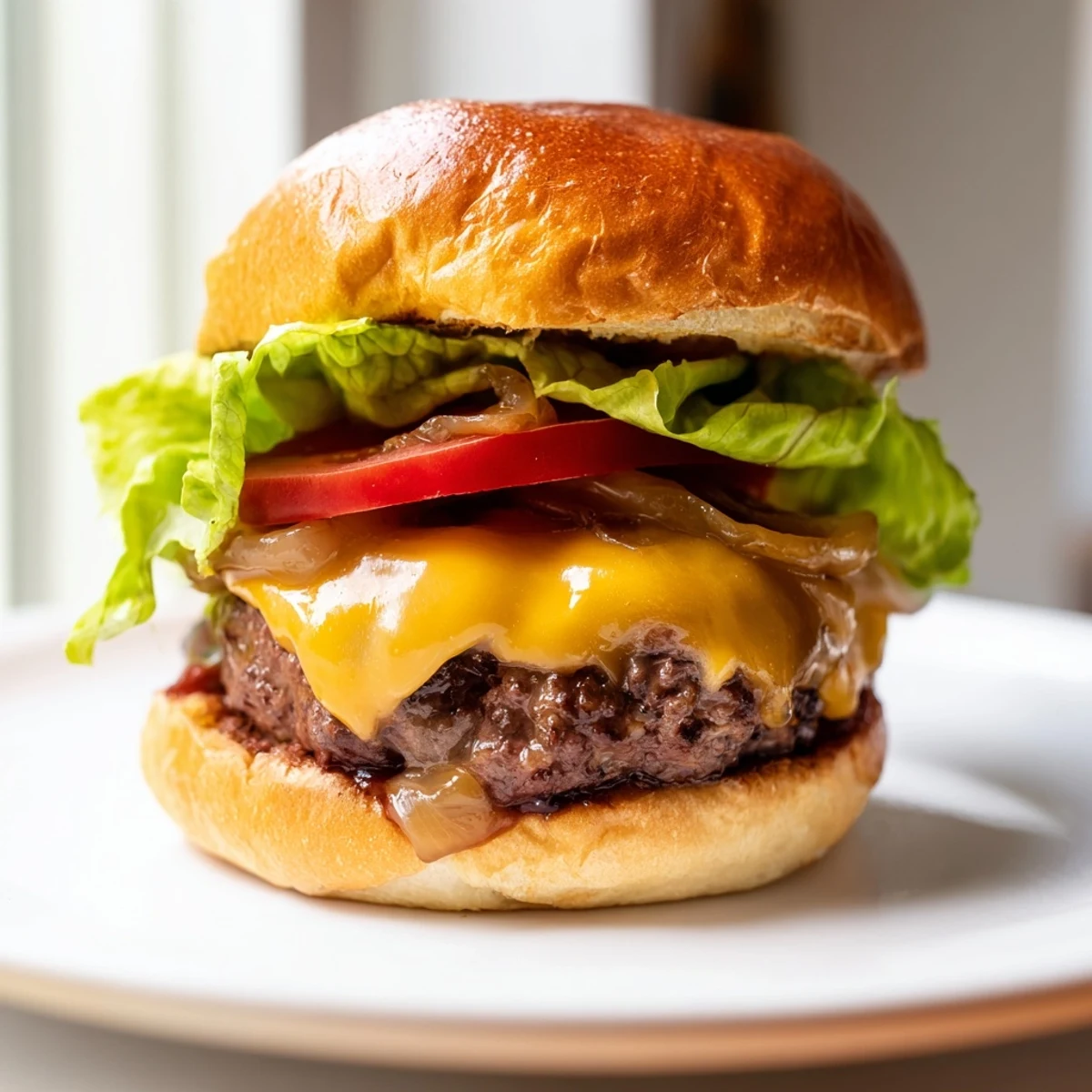Beef Burgers with Caramelized Onions: A close-up view of a juicy burger stacked with toppings, ready to eat.