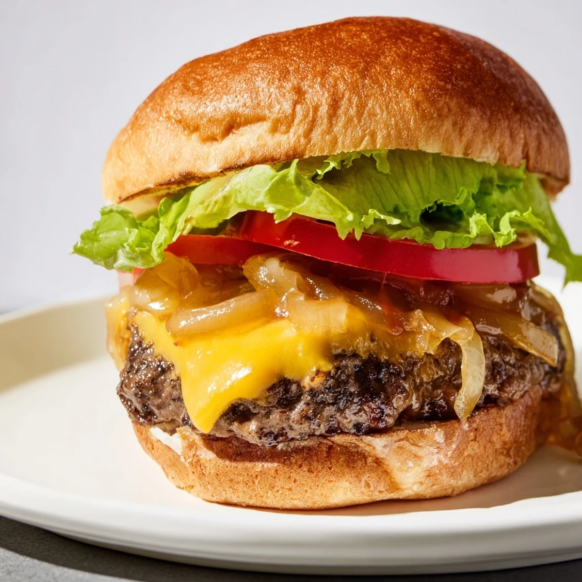 Golden caramelized onions crown a perfectly cooked Beef Burgers with Caramelized Onions, a delicious meal.
