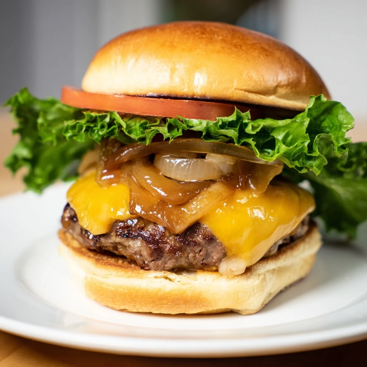 Mouthwatering Beef Burgers with Caramelized Onions, featuring melted cheese and a soft, toasted bun for a treat.