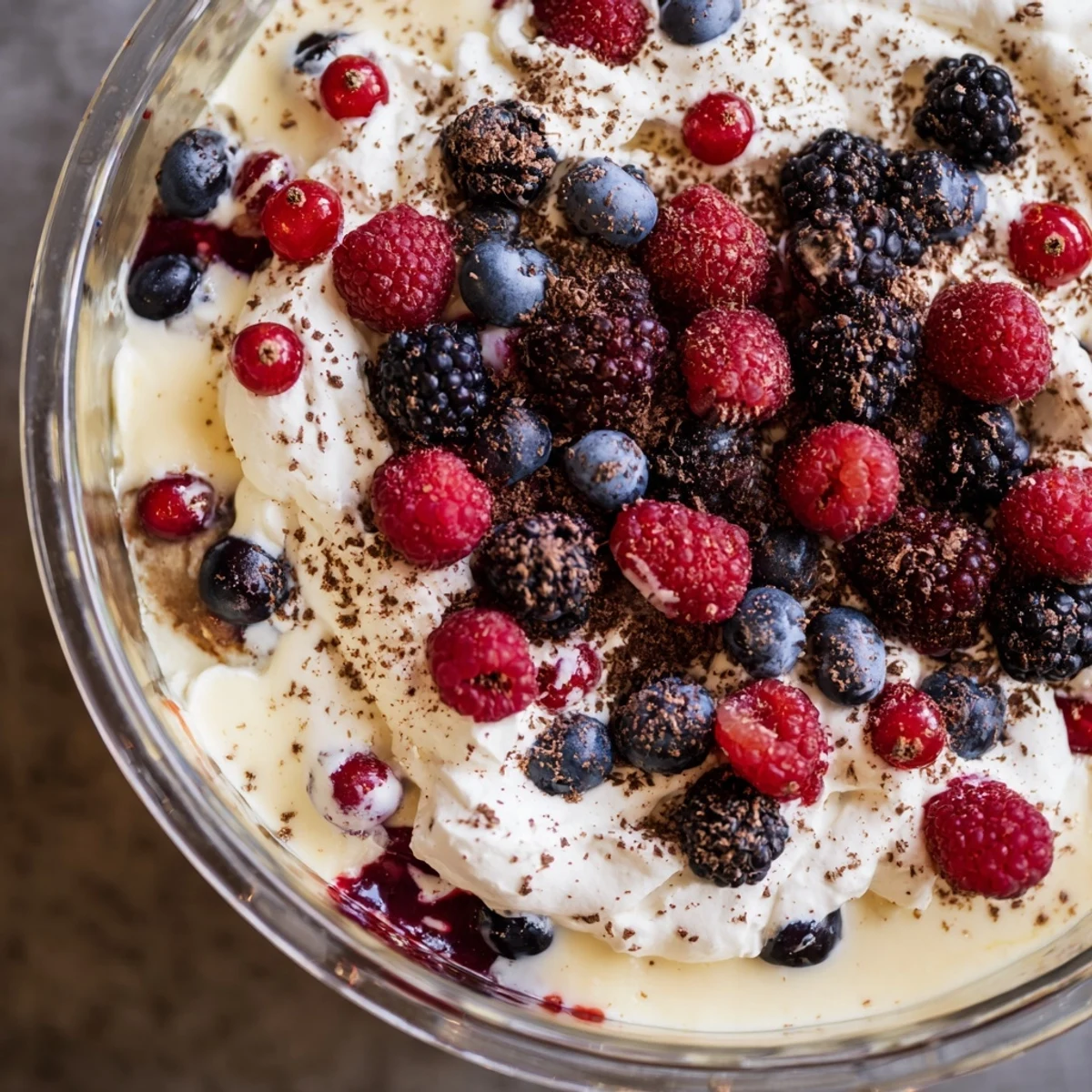 A beautiful Winter Berry Trifle showcases layers of fresh berries and creamy custard perfect for a holiday dessert.