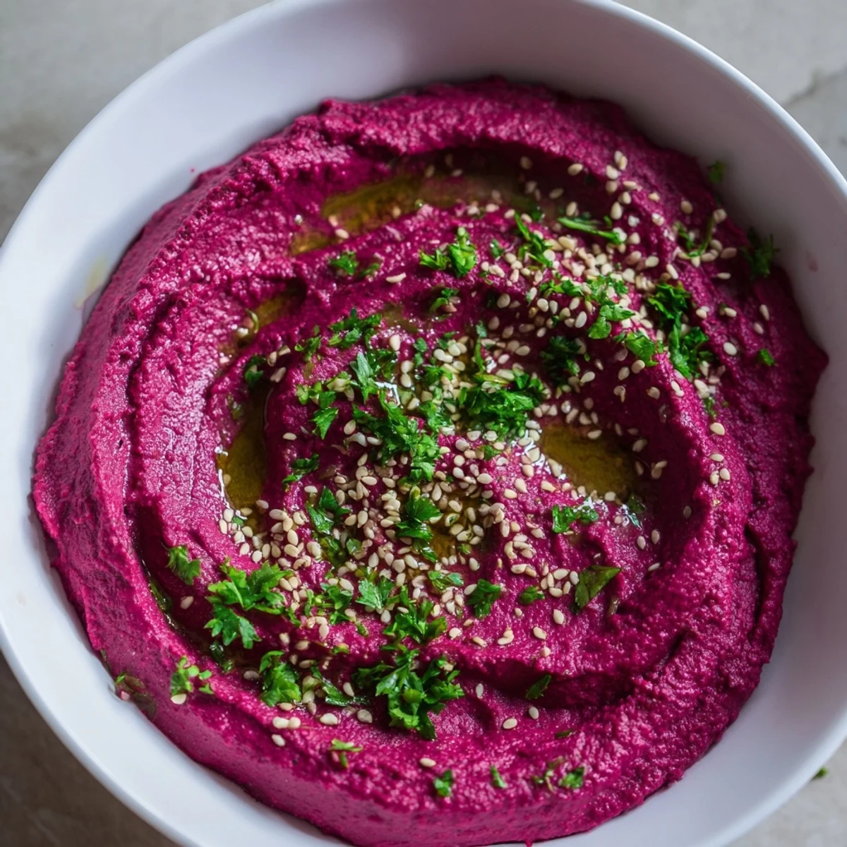 Vibrant roasted beetroot hummus, swirled with olive oil, ready to be scooped up with pita bread.