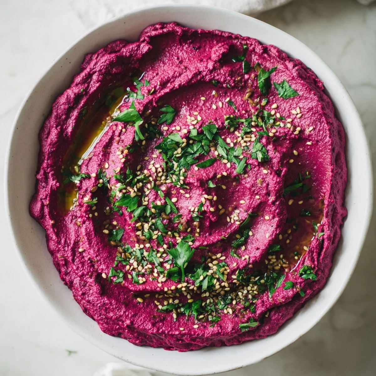 A close-up of creamy roasted beetroot hummus, speckled with sesame seeds and fresh parsley garnish.