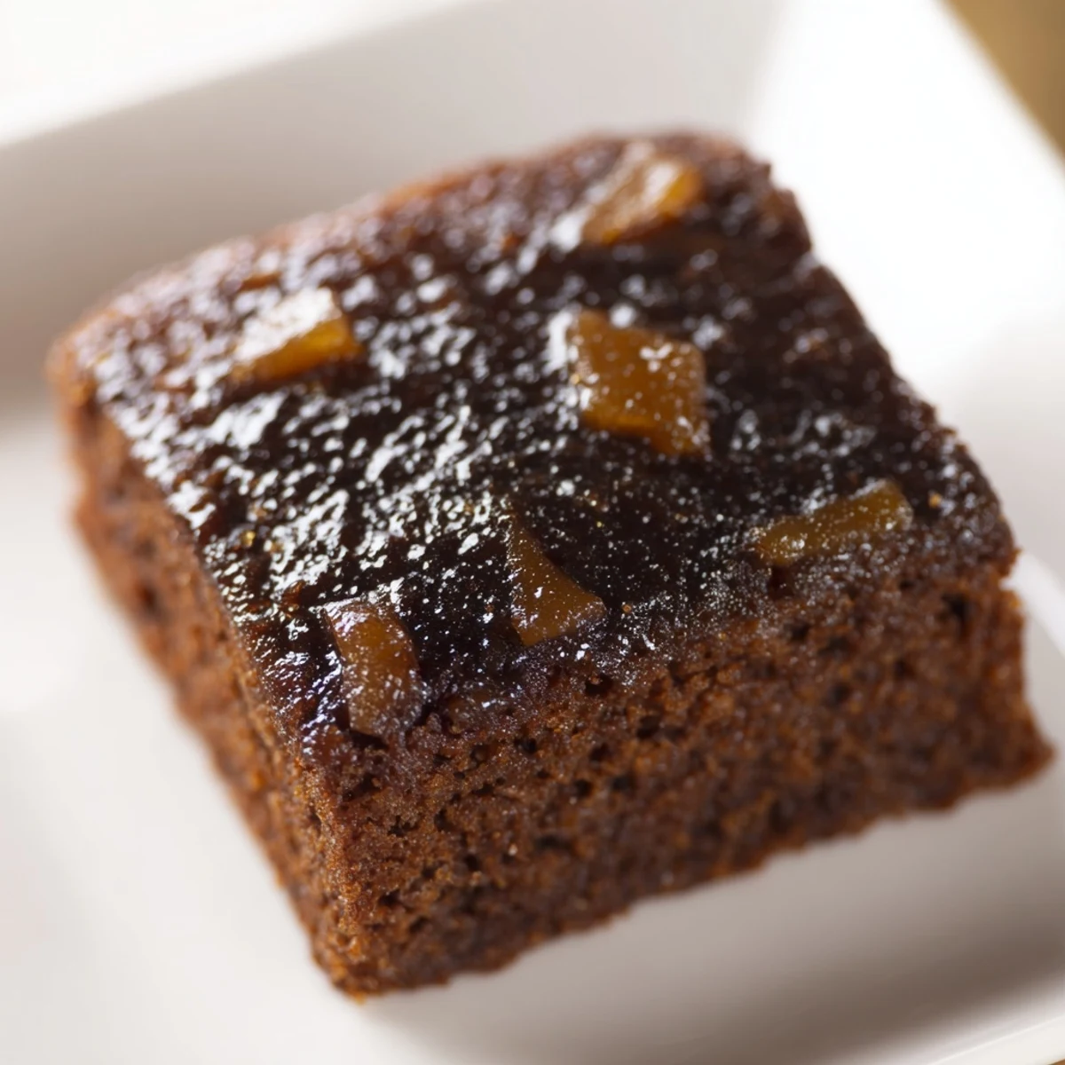 A warm slice of Sticky Ginger Cake, moist and dark, with a glistening, sticky glaze, ready to serve.