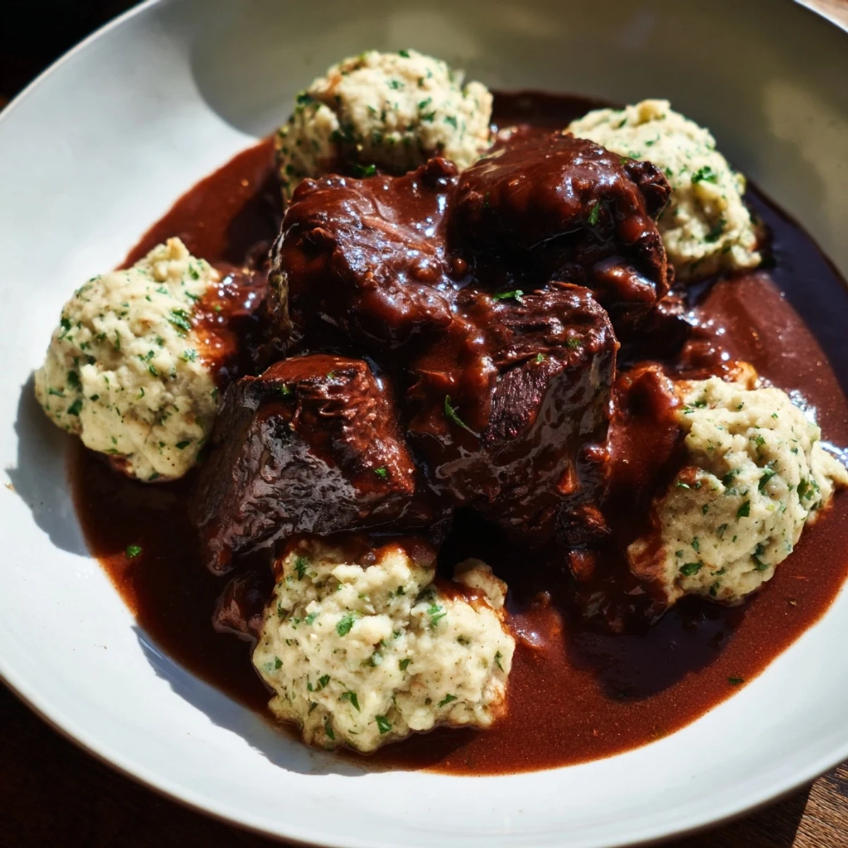 A steaming bowl of Braised Beef Shin with Dumplings, showcasing tender meat and golden, soft dumplings.