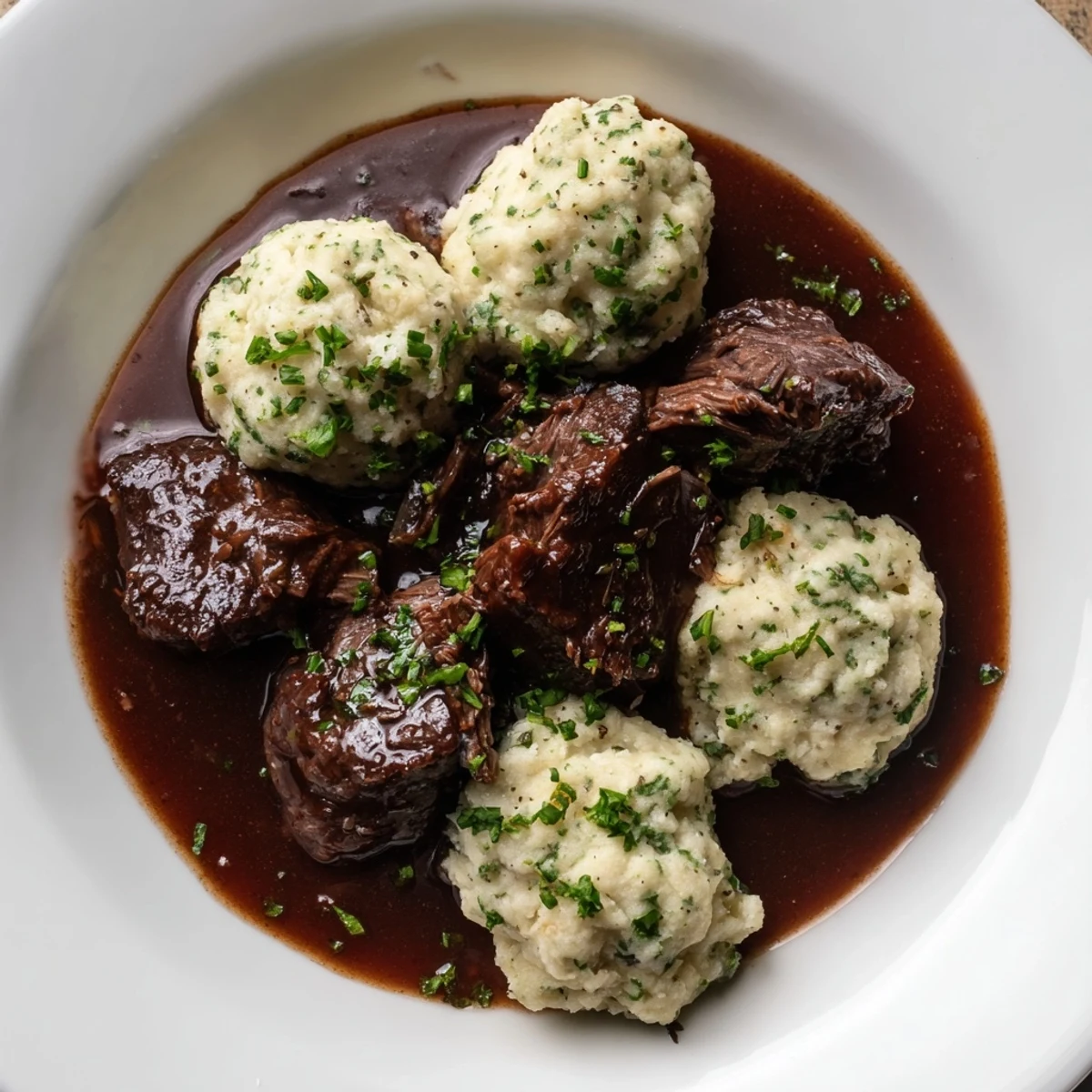 Braised Beef Shin with Dumplings: hearty stew with fluffy dumplings floating atop rich gravy, ready to serve.