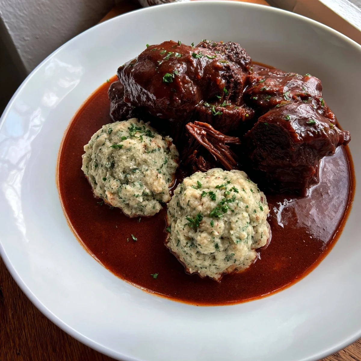 Close-up of Braised Beef Shin with Dumplings featuring the tender beef and herb-filled, cloud-like dumplings.