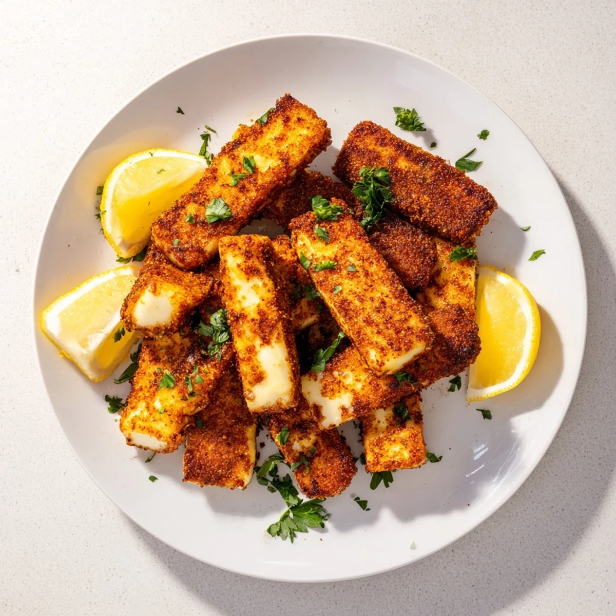 These easy halloumi fries, coated in spiced flour, emerge golden from hot oil, awaiting your first bite.