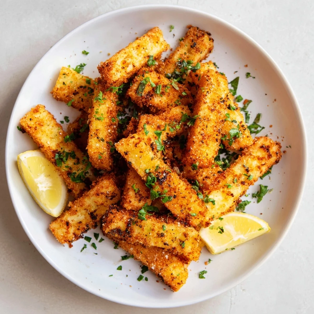 Imagine the crispy outside of these halloumi fries, served with fresh parsley, ready to dip and enjoy.