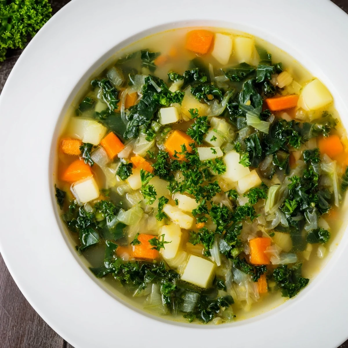 Steaming bowl of Winter Green Soup, filled with vibrant greens and served with crusty bread.