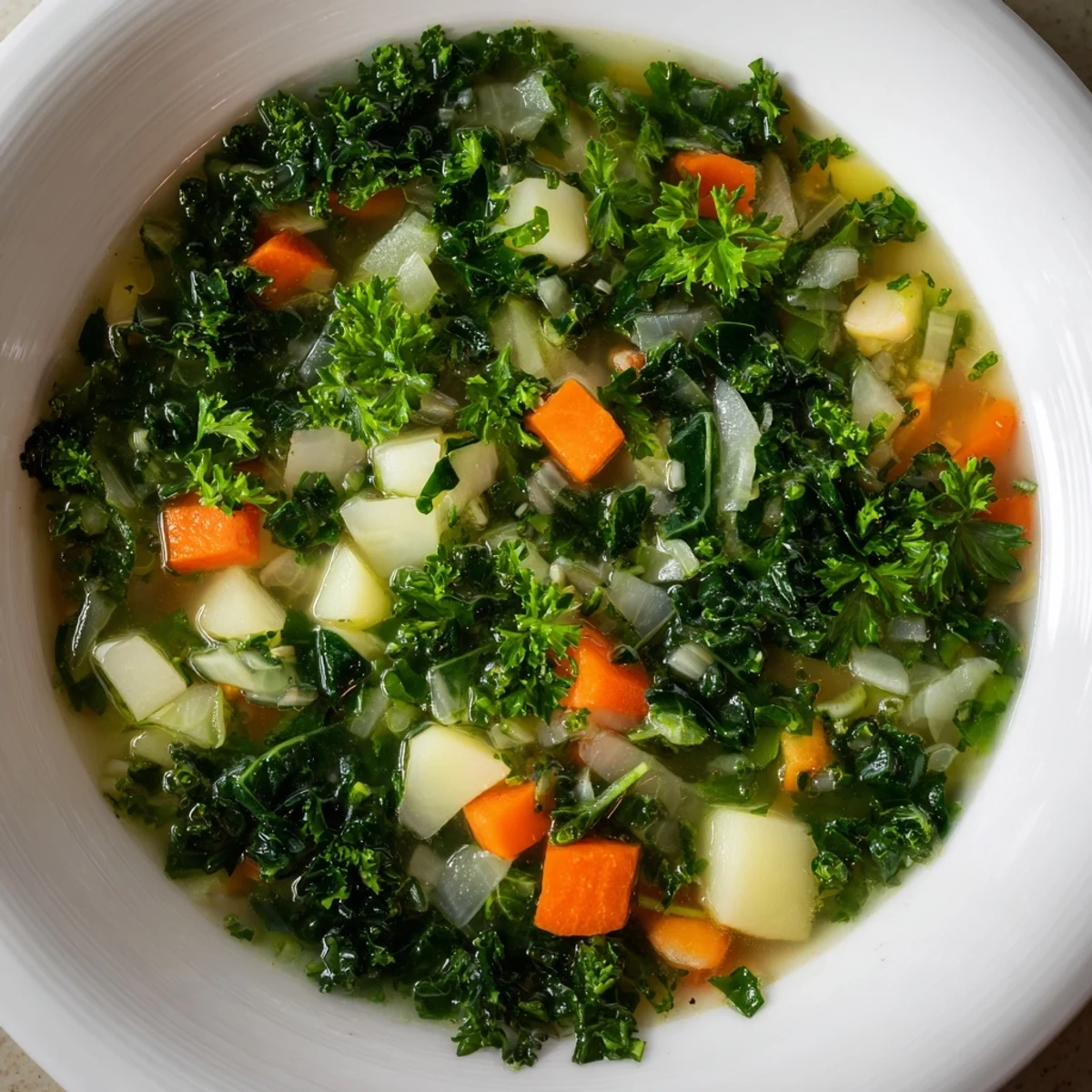 Hearty Winter Green Soup simmering gently in a pot, the perfect healthy and comforting meal.