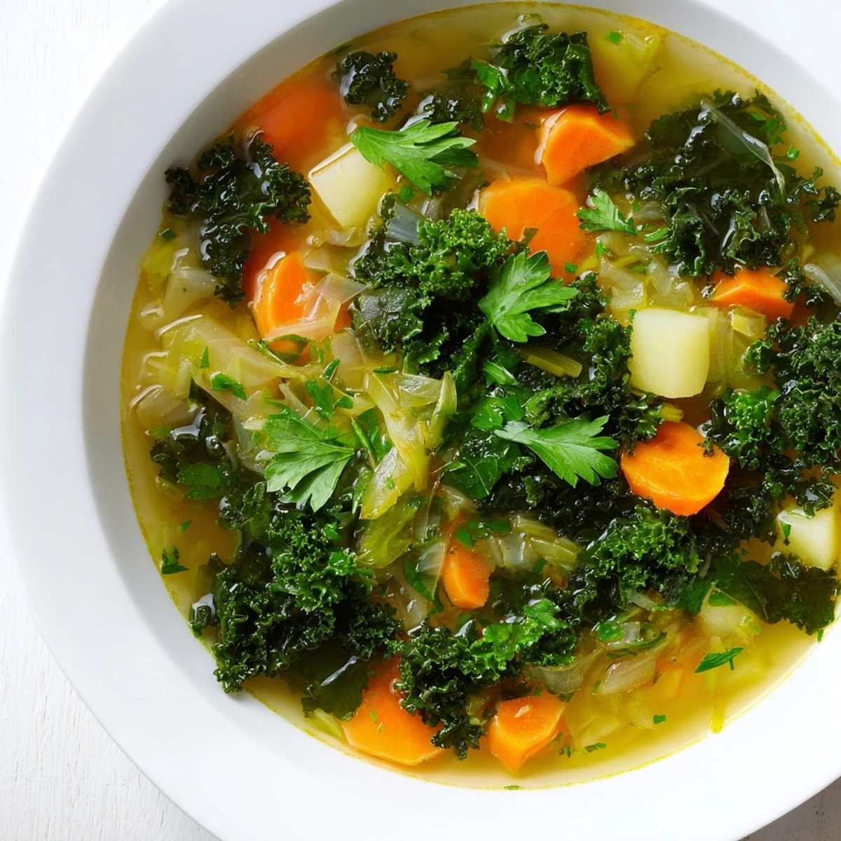 Freshly garnished Winter Green Soup, a vegetarian delight, ready for a warm and flavorful dinner.