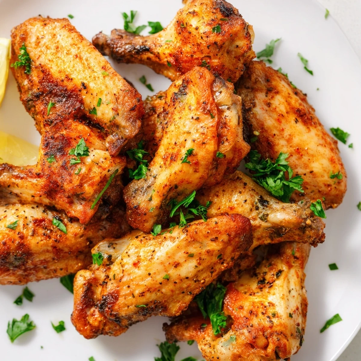 Golden, crispy roasted chicken wings, seasoned perfectly, are ready to serve with lemon wedges.