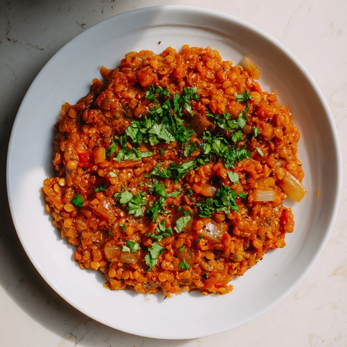 Close-up of hearty Spiced Lentil Dhal, garnished with cilantro, perfect for dinner tonight.