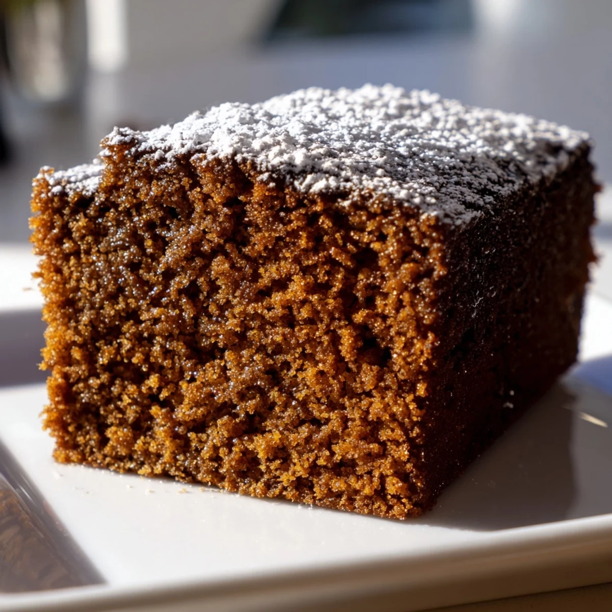 Warm, moist gingerbread cake slice, spiced and delicious, perfect for a cozy afternoon treat.