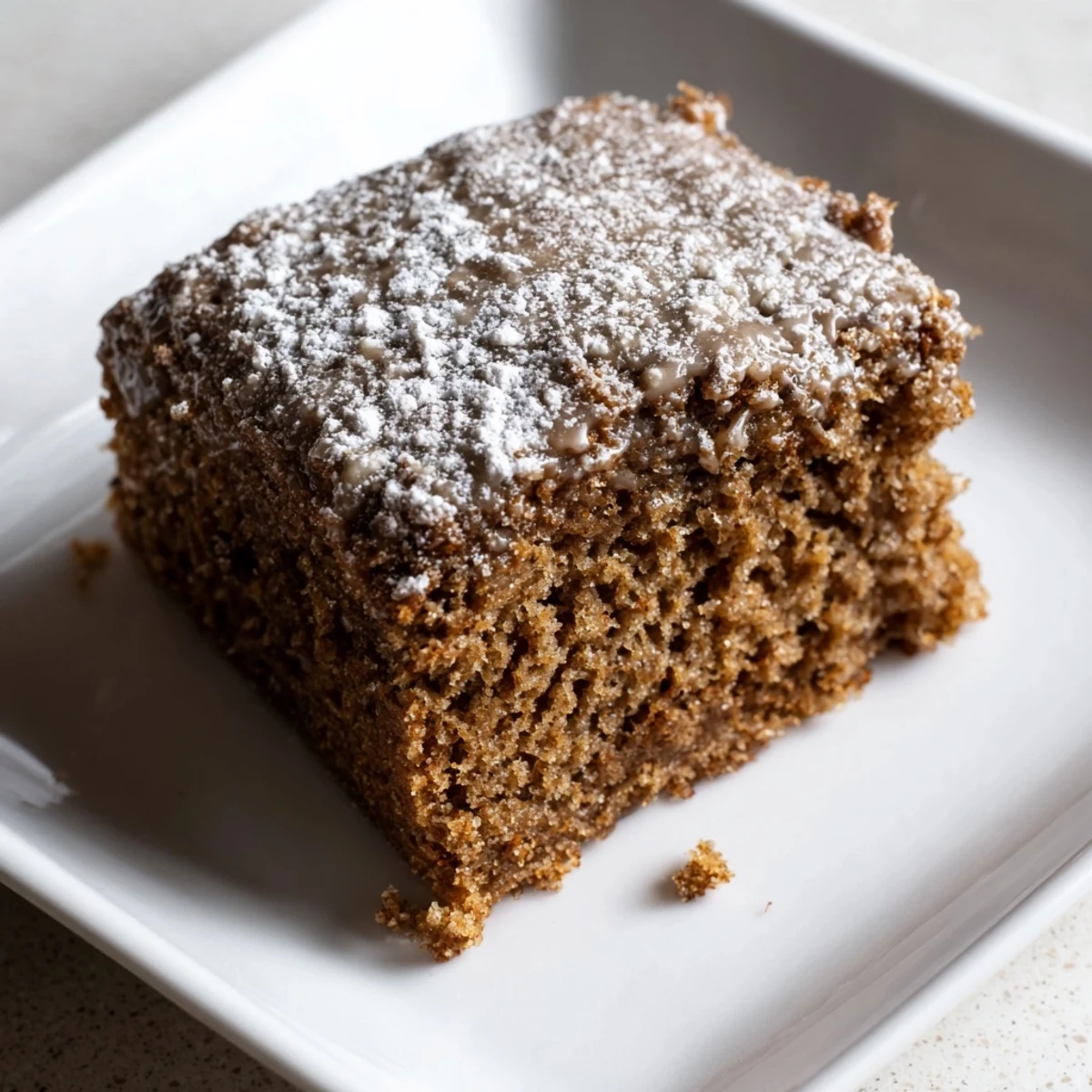 A close-up of a gingerbread cake slice, showing a beautiful, craggy texture, ready to serve with cream.