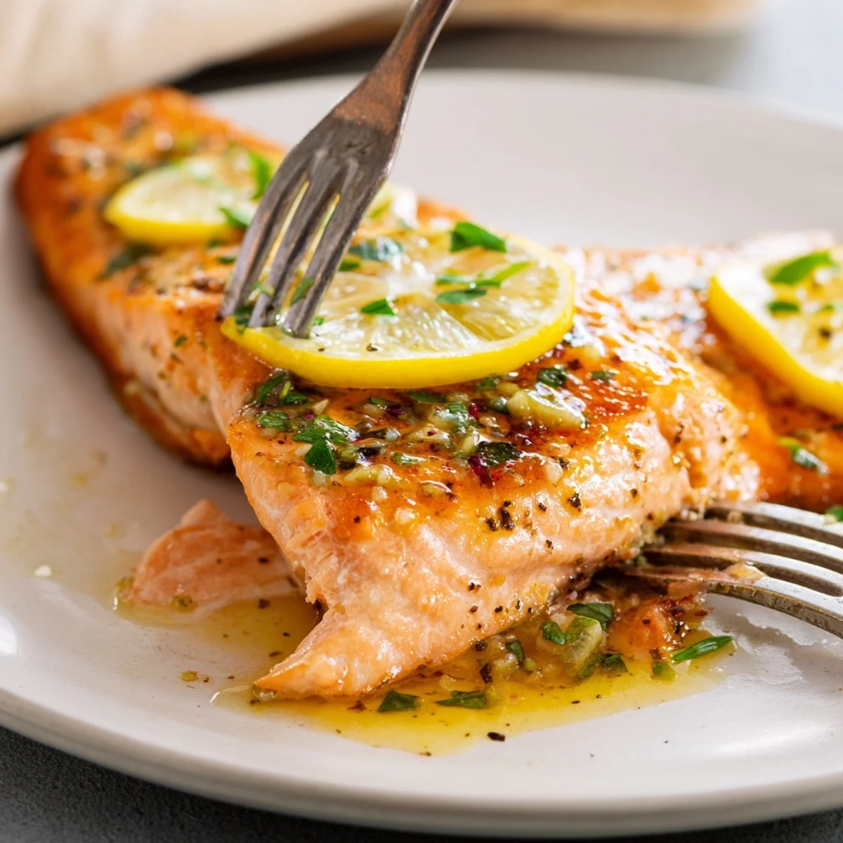 Flaky, baked salmon fillet topped with herbs and lemon slices, ready to be enjoyed.