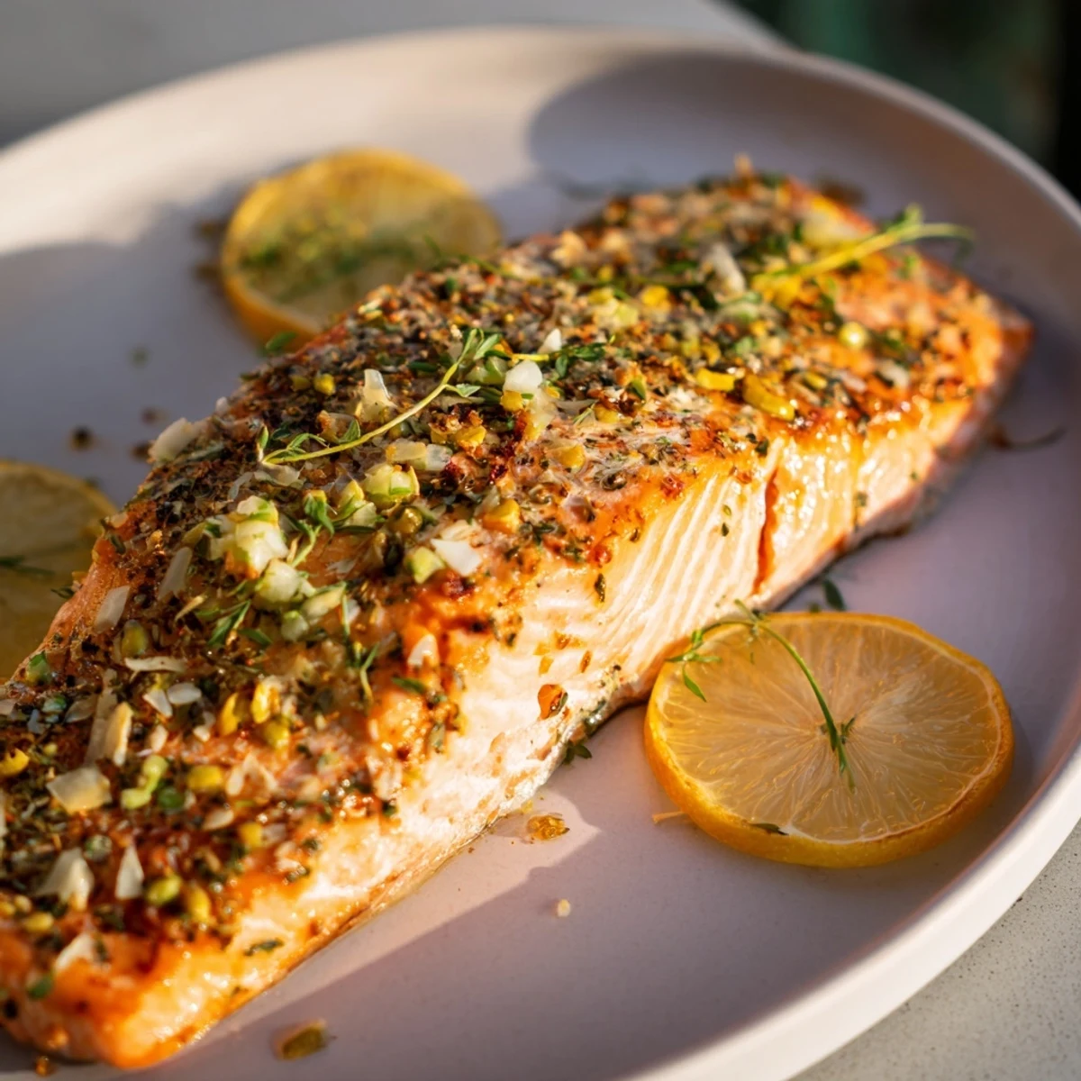 Perfectly cooked, flavorful baked salmon fillet, served with a bright slice of lemon.