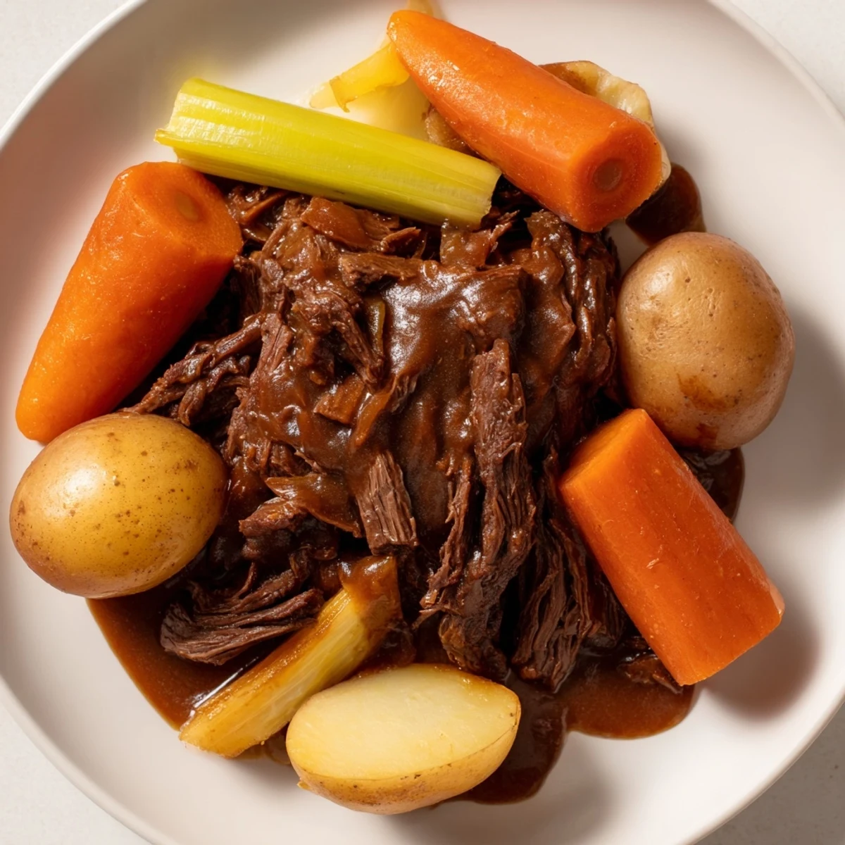 A close-up view of a flavorful, aromatic slow cooked pot roast, perfect for a cozy dinner.