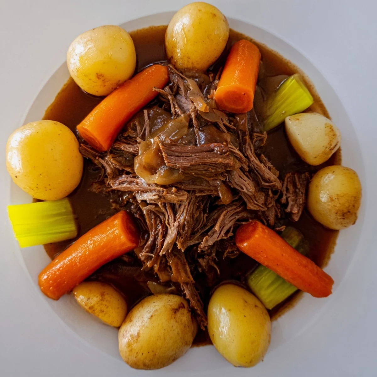 Hearty slow cooked pot roast, showcasing a comforting American dish with melt-in-your-mouth beef.