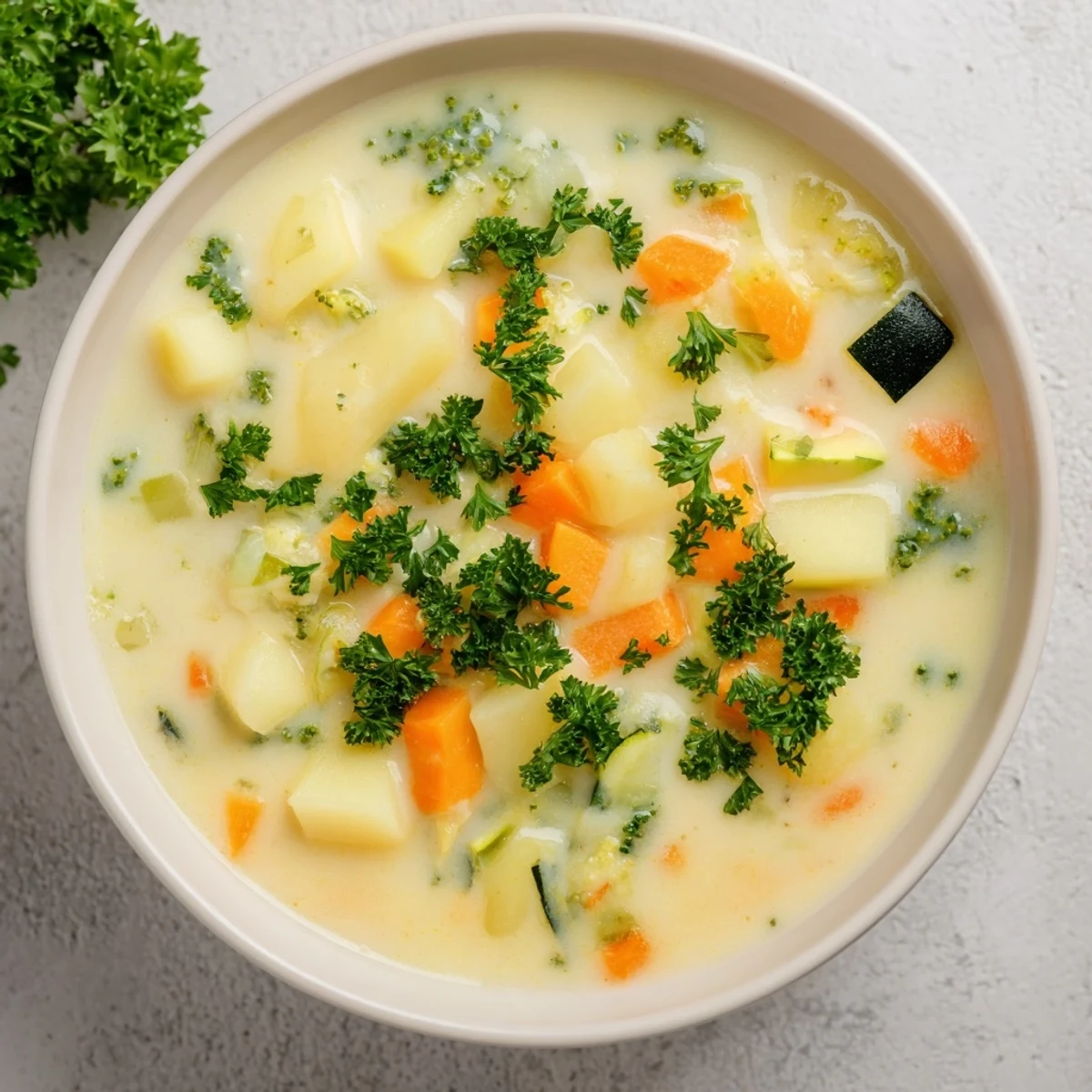 Steaming bowl of creamy vegetable soup, garnished with parsley, ready to eat.