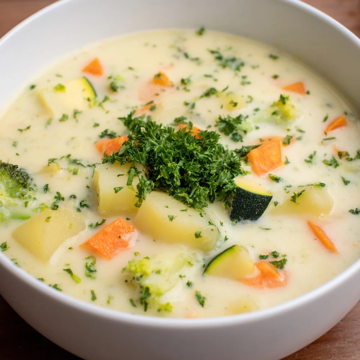 Thick, velvety creamy vegetable soup with colorful vegetables, perfect for a cozy dinner.