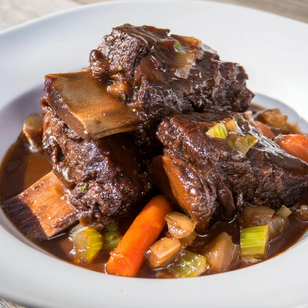 Tender braised beef ribs, glistening in their rich sauce, perfect for a cozy dinner.