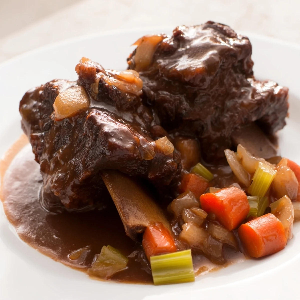 Fall-off-the-bone braised beef ribs served with a flavorful, thickened gravy, ideal for sharing.
