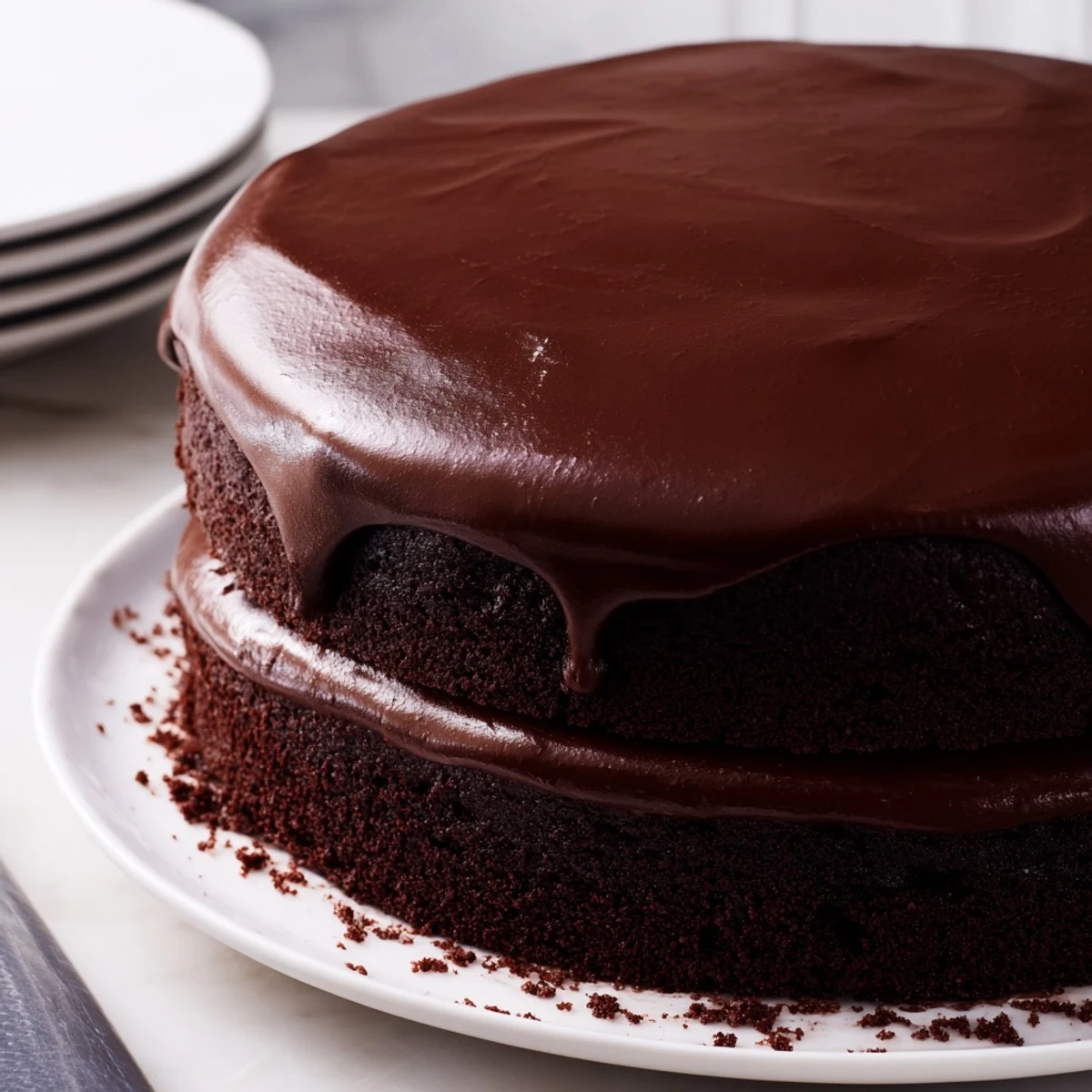 Moist chocolate cake, layered with glossy ganache, promises a delightful bite of rich chocolate bliss.