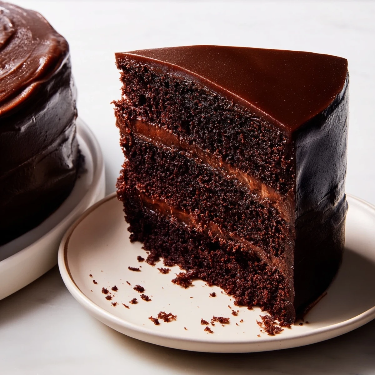 A layered chocolate cake with a dark, shimmering ganache, perfect for a celebratory dessert any time.