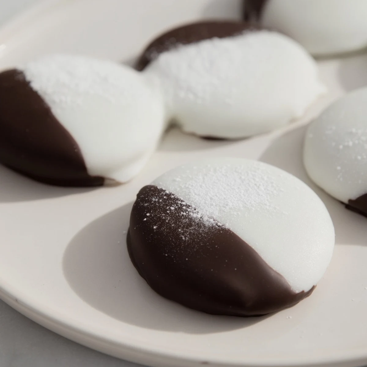 Close-up of frosted Peppermint Creams, smooth and subtly patterned, ready for dipping in chocolate.