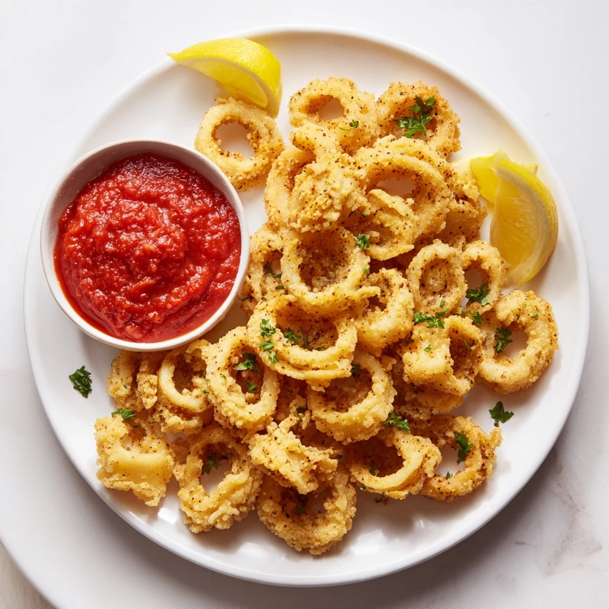 This photo features perfectly fried crispy calamari, showcasing its delicious texture and marinara.