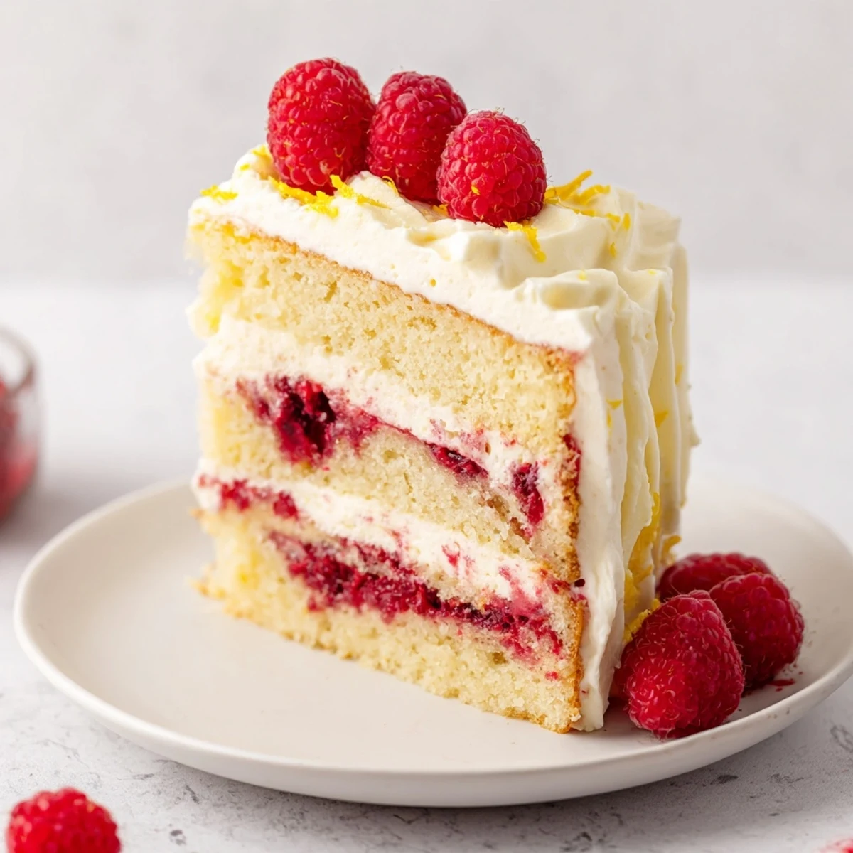 A slice of Lemon Raspberry Layer Cake with creamy frosting, showcasing layered perfection.