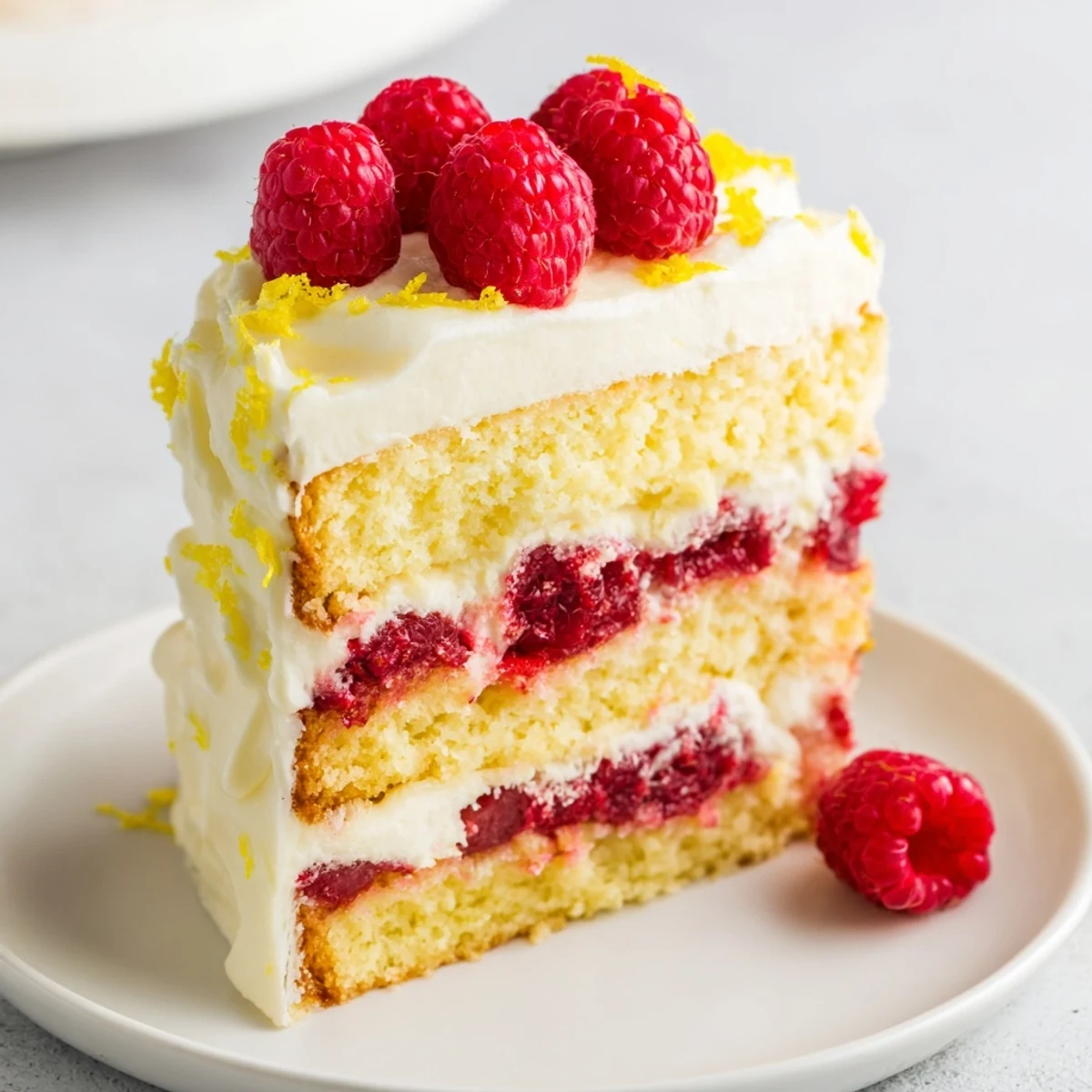This beautiful Lemon Raspberry Layer Cake, with fresh raspberries, looks incredibly moist and delicious.