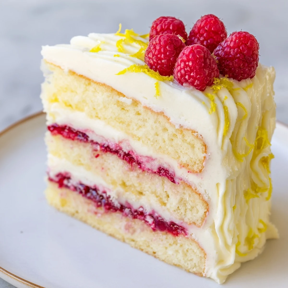 Imagine the zesty aroma of this Lemon Raspberry Layer Cake, ready to be decorated with fresh berries.