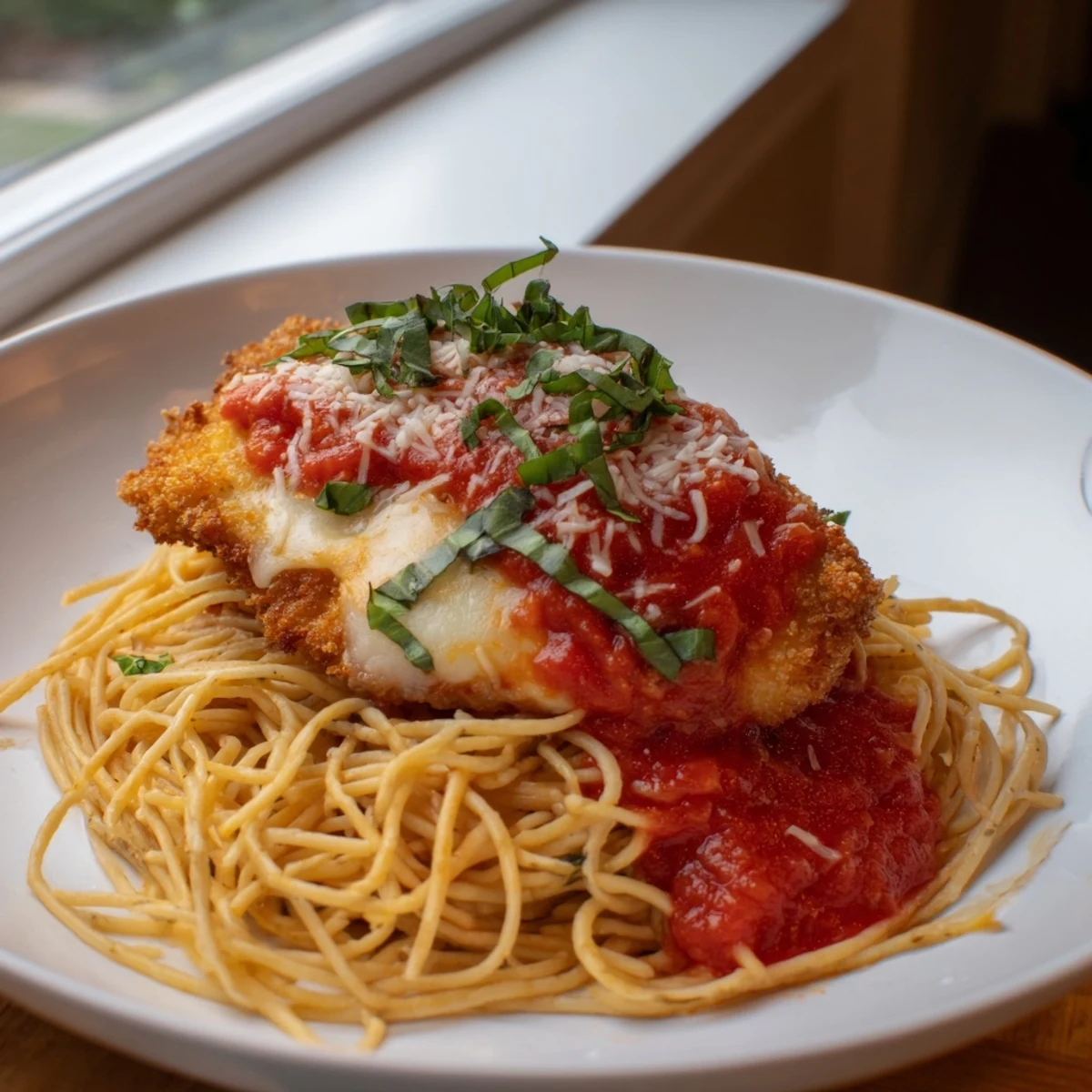 A close-up of cheesy Chicken Parmesan, showing crispy chicken, pasta, and rich tomato sauce.