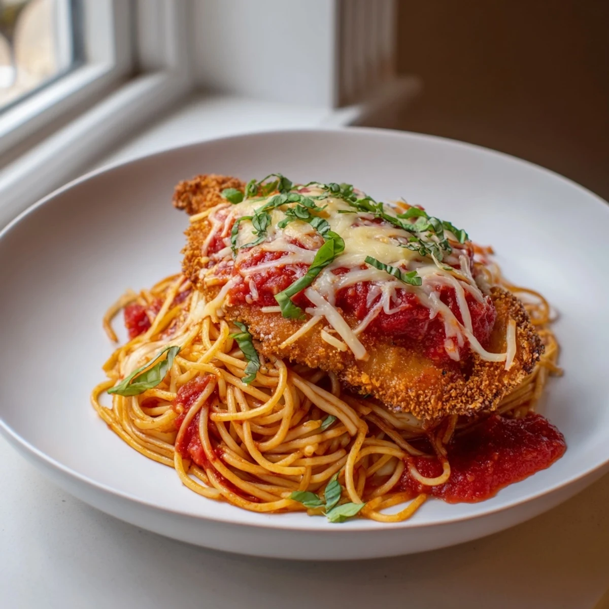Forkful of spaghetti marinara beneath a generous portion of flavorful, baked Chicken Parmesan.