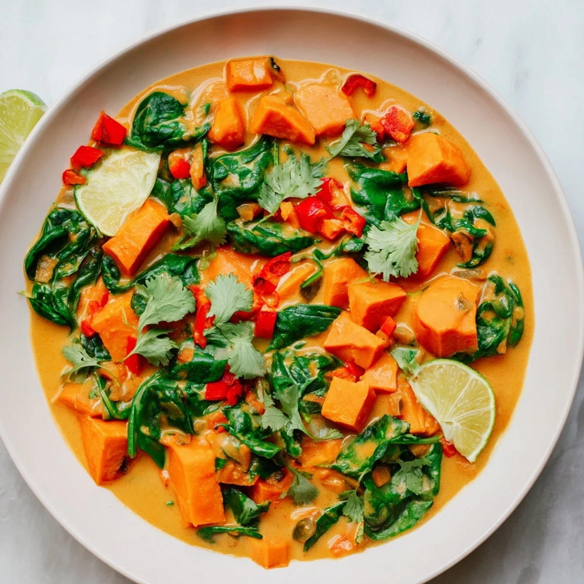 Golden-hued Vegan Sweet Potato Curry with spinach, served in a bowl, fresh cilantro sprinkled on top.