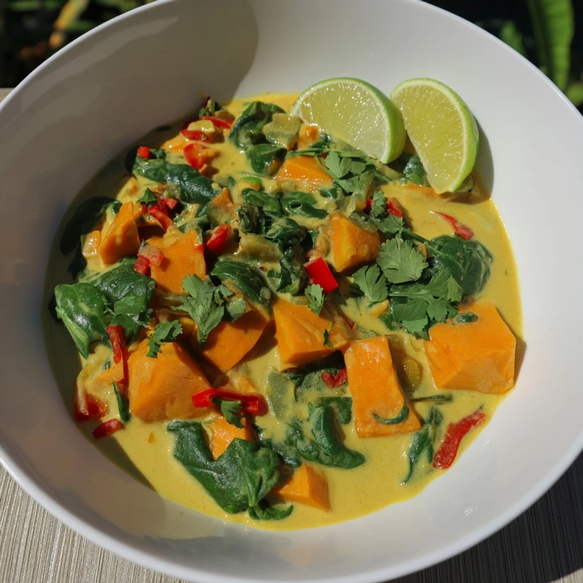A flavorful close-up of Vegan Sweet Potato Curry, aromatic with spices and garnished with a lime wedge.