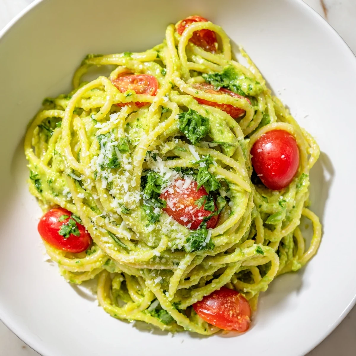 Creamy avocado lime pasta with cherry tomatoes glistening, ready for a delicious vegetarian meal.