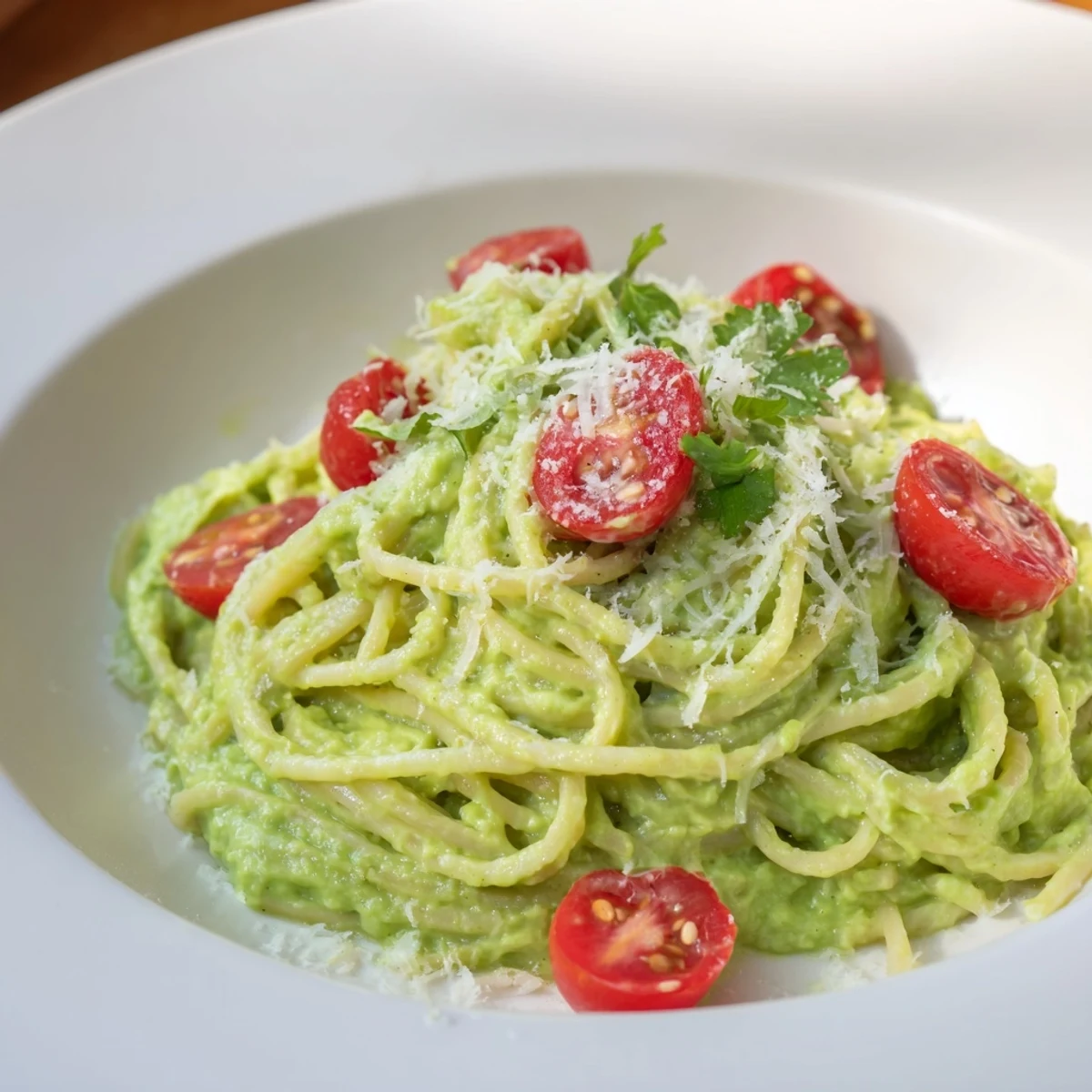 This creamy avocado lime pasta is coated in a vibrant, zesty sauce with fresh cherry tomatoes.