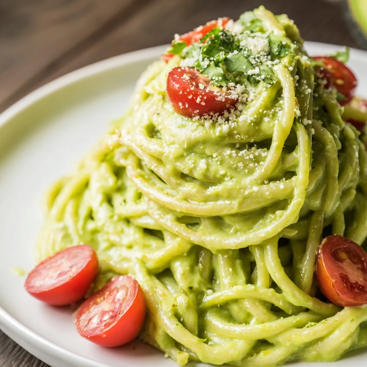 Picture the perfect bite: al dente pasta with creamy avocado lime sauce and cherry tomatoes.